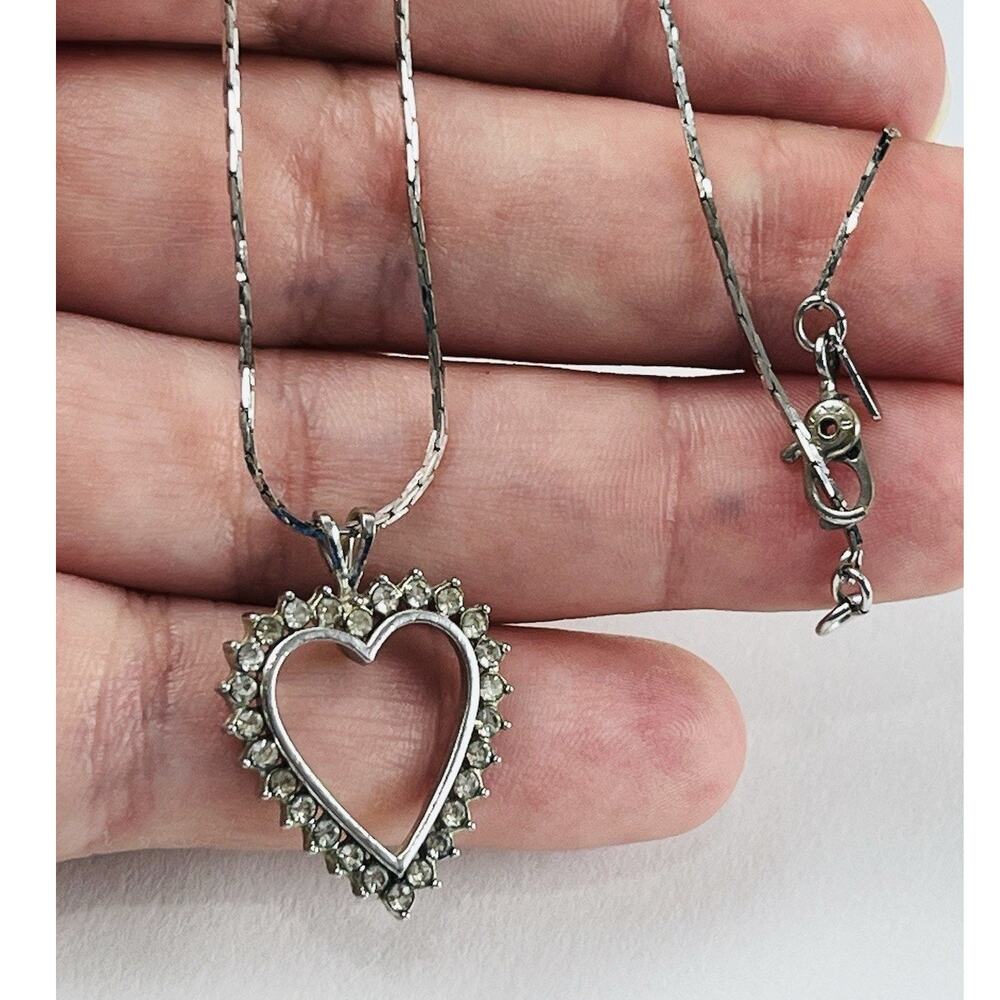 Vintage Monet Silver Tone Clear Rhinestones Open Heart Pendant Chain Necklace Lo